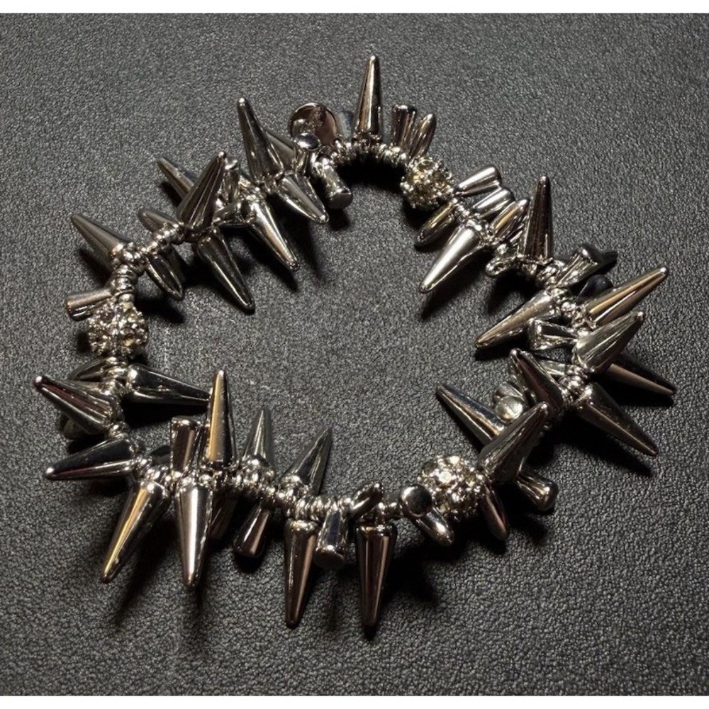 Stella & Dot Silver Tone Spiked Charm Beaded Stretchy Bracelet Punk Gothic